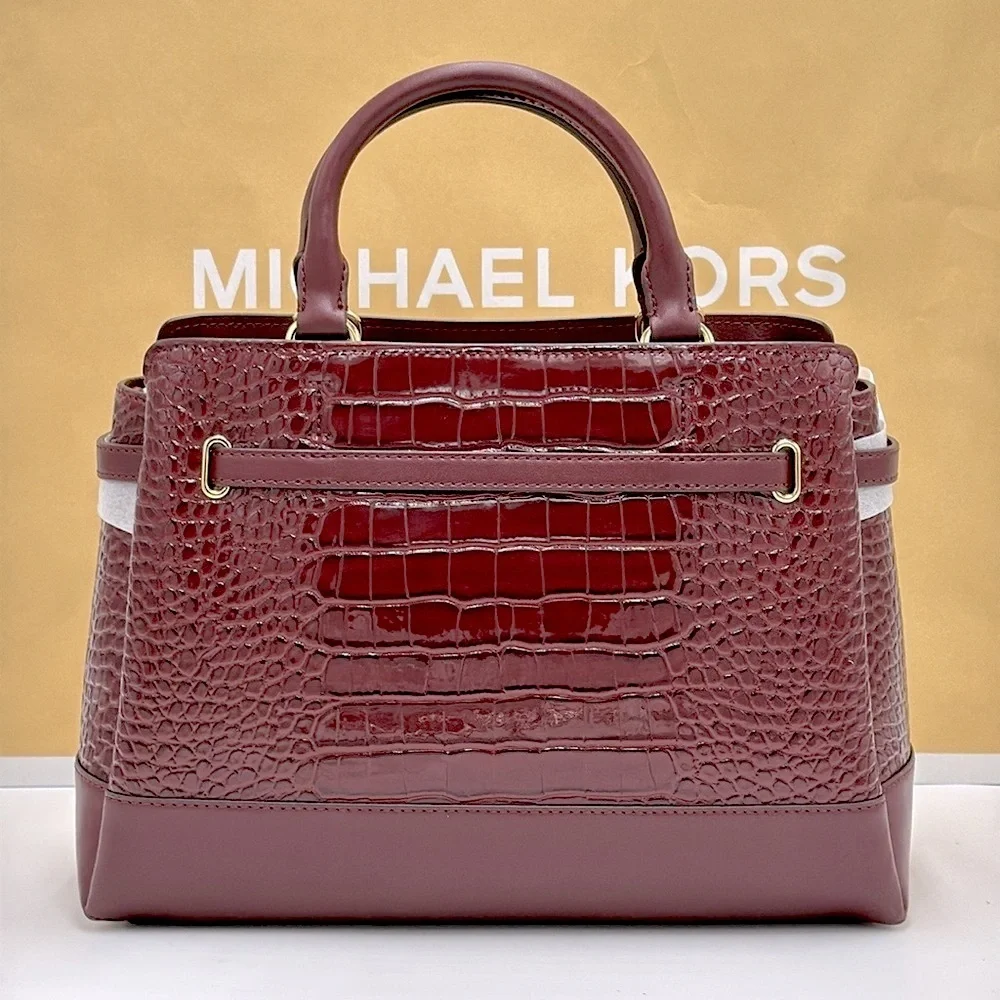 MICHAEL KORS Reed Large Leather Belted Satchel Crossbody Handbag Center Zip
